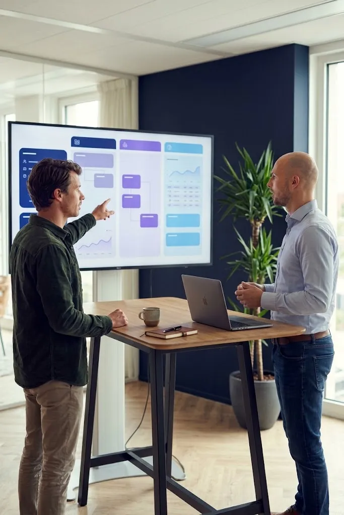 Twee YourFlow consultants bespreken softwarearchitectuur en dashboards bij een digitaal scherm