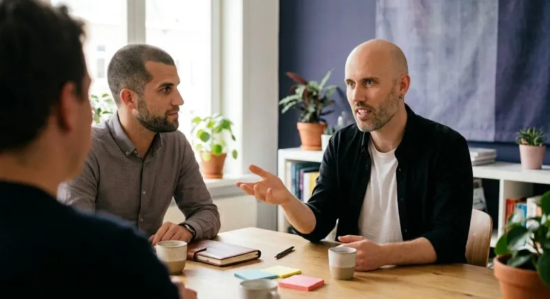 Twee consultants van YourFlow in gesprek met een klant aan een tafel met koffie en notitieblaadjes